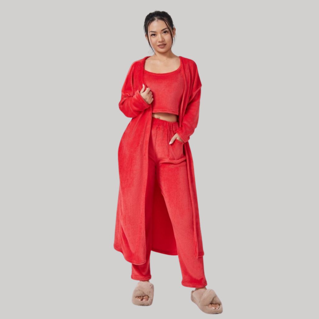 Women’s Cozy 3-Piece Lounge Set – Pants, Crop Top & Cardigan
