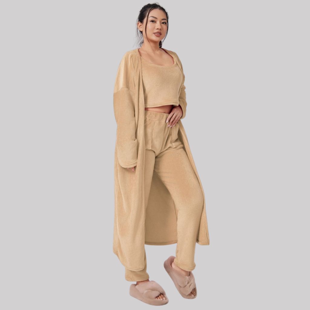 Women’s Cozy 3-Piece Lounge Set – Pants, Crop Top & Cardigan