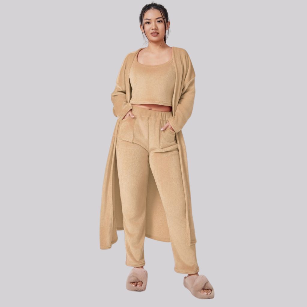 Women’s Cozy 3-Piece Lounge Set – Pants, Crop Top & Cardigan