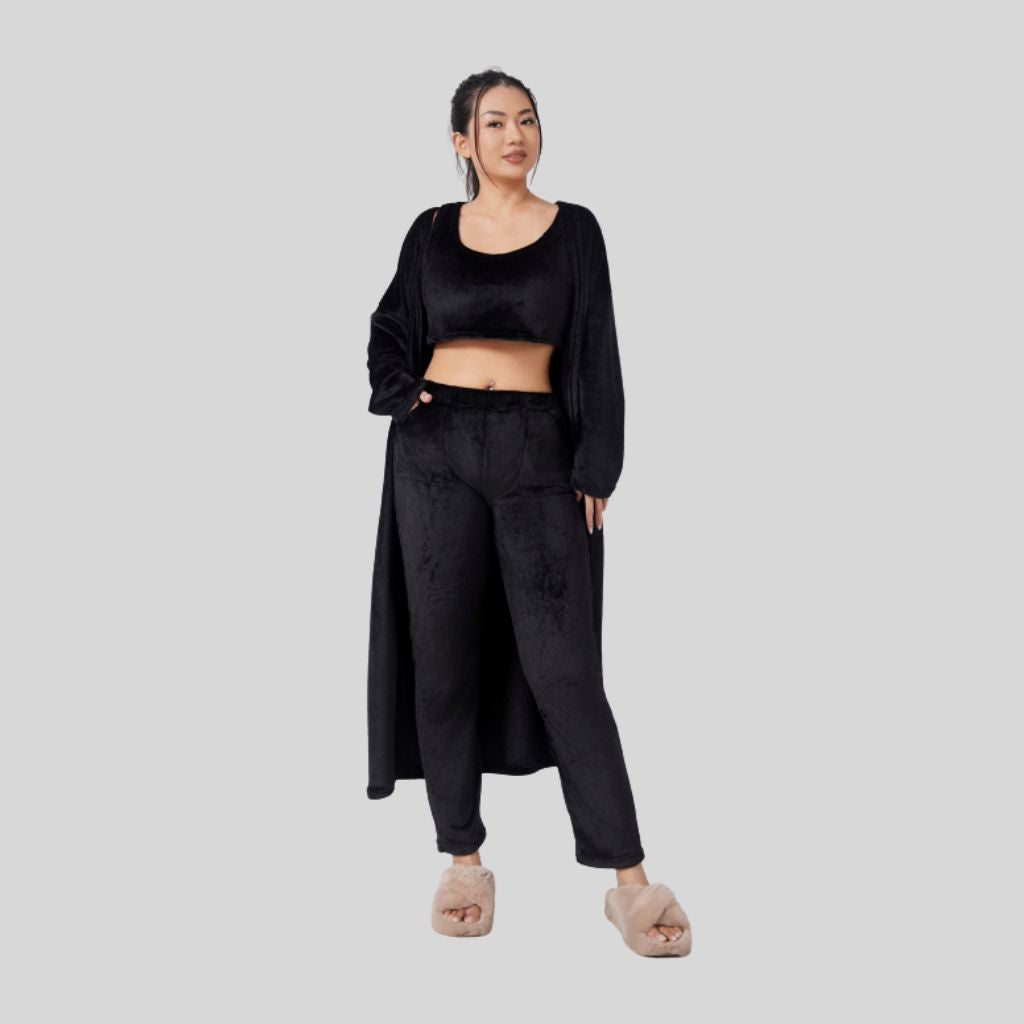Women’s Cozy 3-Piece Lounge Set – Pants, Crop Top & Cardigan