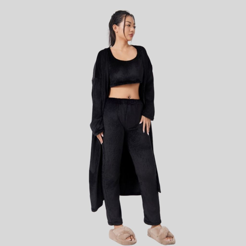 Women’s Cozy 3-Piece Lounge Set – Pants, Crop Top & Cardigan